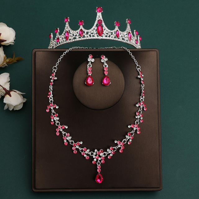 Silver rose red color sereis wedding hair crown necklace earrings suit