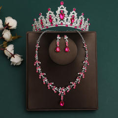Silver rose red color sereis wedding hair crown necklace earrings suit