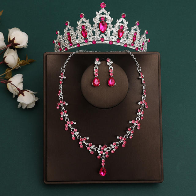 Silver rose red color sereis wedding hair crown necklace earrings suit