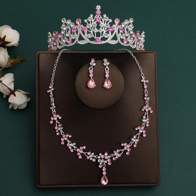 Silver light pink sereis wedding hair crown necklace earrings suit