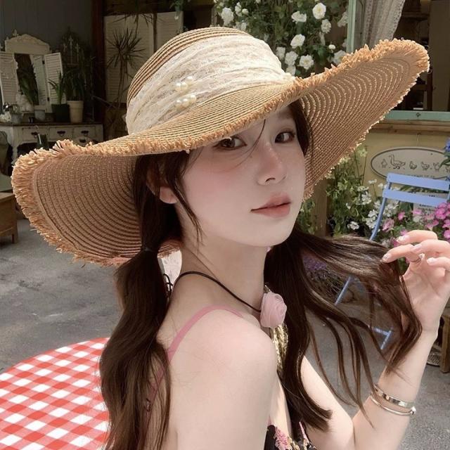 Sweet Woven Straw Hat for Women Summer French Seaside Vacation Sun Hat Large Brim Sun Protection Hat