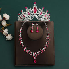 Silver rose red color sereis wedding hair crown necklace earrings suit