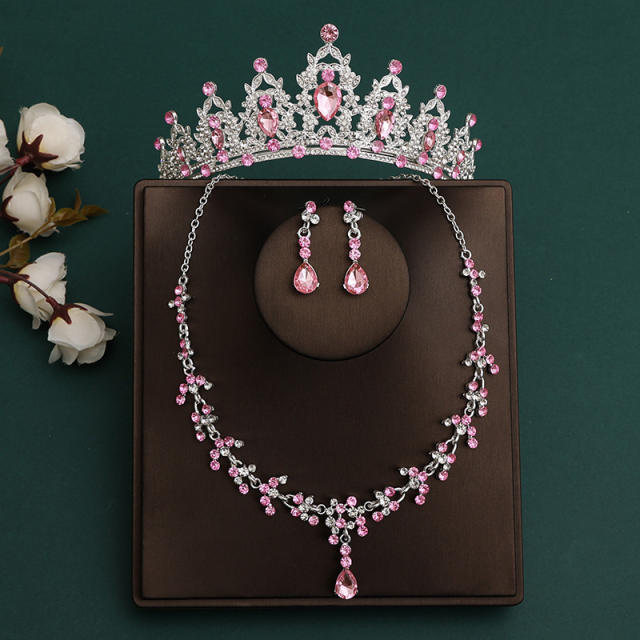 Silver light pink sereis wedding hair crown necklace earrings suit