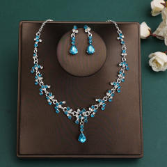 Silver blue color series wedding hair crown necklace earrings suit