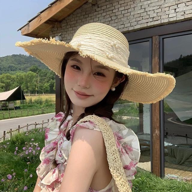Sweet Woven Straw Hat for Women Summer French Seaside Vacation Sun Hat Large Brim Sun Protection Hat