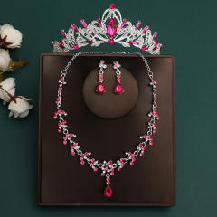 Silver rose red color sereis wedding hair crown necklace earrings suit