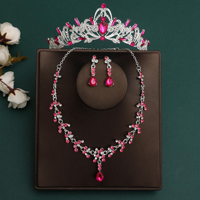 Silver rose red color sereis wedding hair crown necklace earrings suit