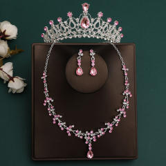 Silver light pink sereis wedding hair crown necklace earrings suit
