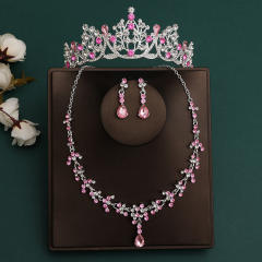 Silver light pink sereis wedding hair crown necklace earrings suit