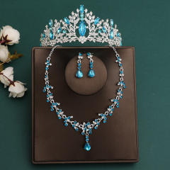 Silver blue color series wedding hair crown necklace earrings suit