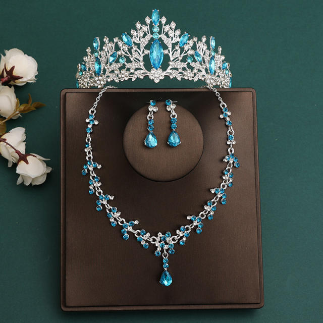 Silver blue color series wedding hair crown necklace earrings suit