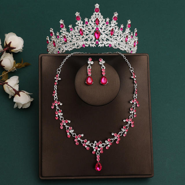 Silver rose red color sereis wedding hair crown necklace earrings suit