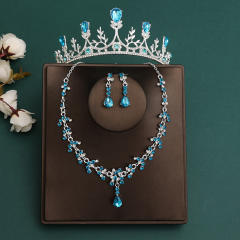Silver blue color series wedding hair crown necklace earrings suit