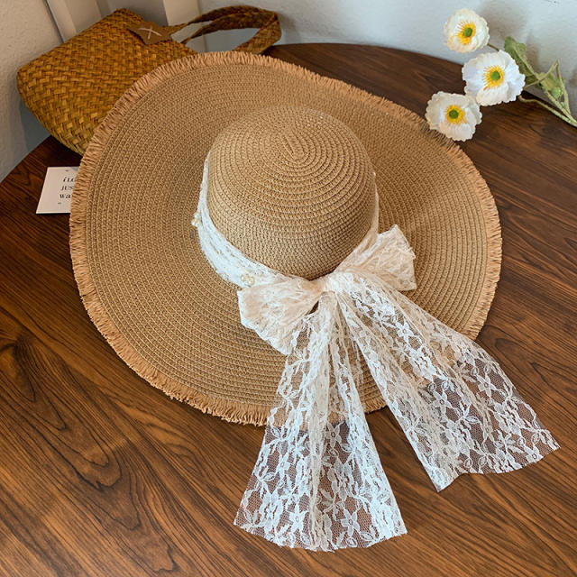 Sweet Woven Straw Hat for Women Summer French Seaside Vacation Sun Hat Large Brim Sun Protection Hat