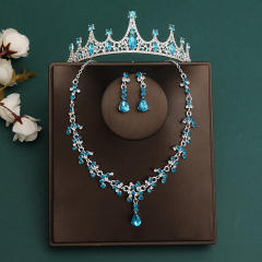 Silver blue color series wedding hair crown necklace earrings suit