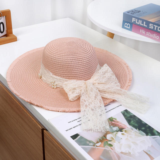 Sweet Woven Straw Hat for Women Summer French Seaside Vacation Sun Hat Large Brim Sun Protection Hat