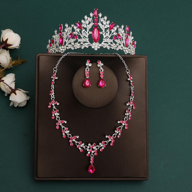 Silver rose red color sereis wedding hair crown necklace earrings suit