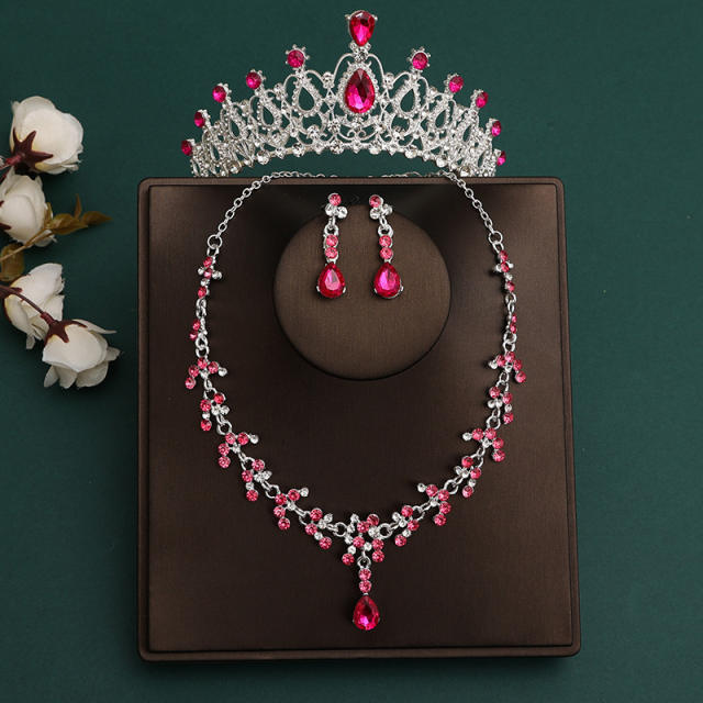 Silver rose red color sereis wedding hair crown necklace earrings suit