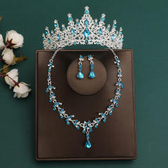 Silver blue color series wedding hair crown necklace earrings suit