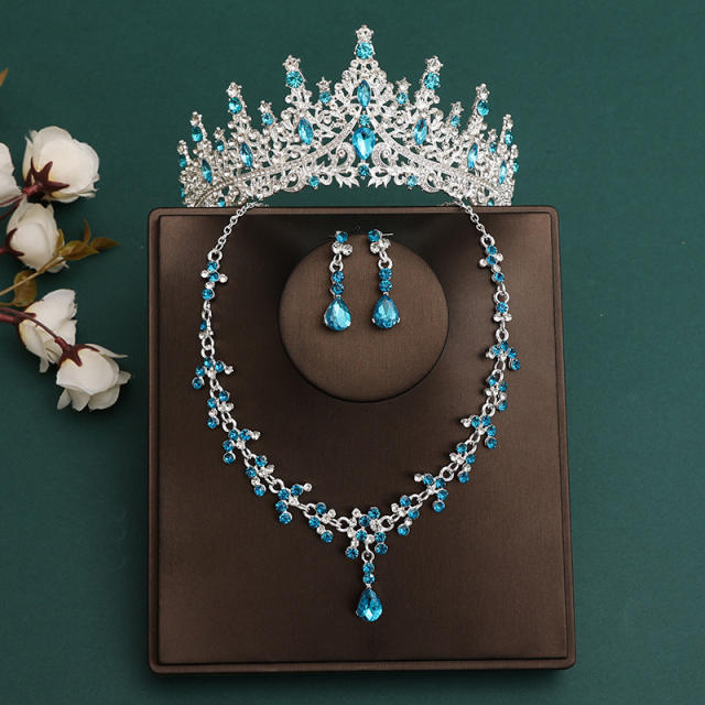 Silver blue color series wedding hair crown necklace earrings suit