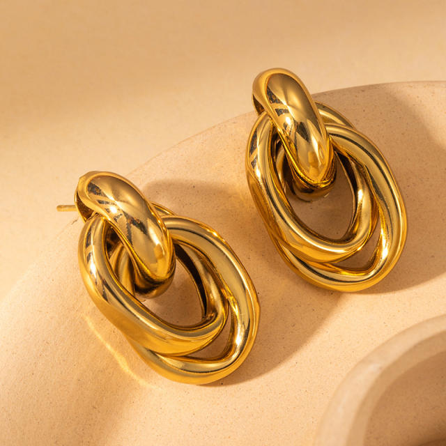 18KG geometric twisted circle stainless steel earrings