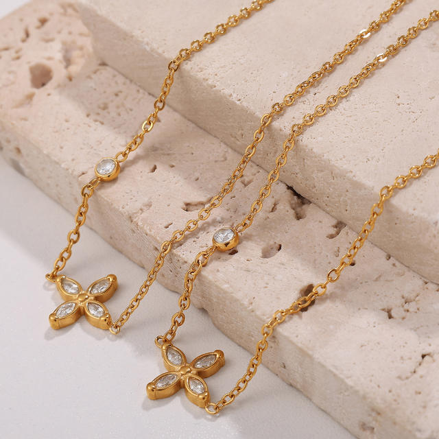 18KG diamond tiny four leaf clover stainless steel necklace dainty necklace