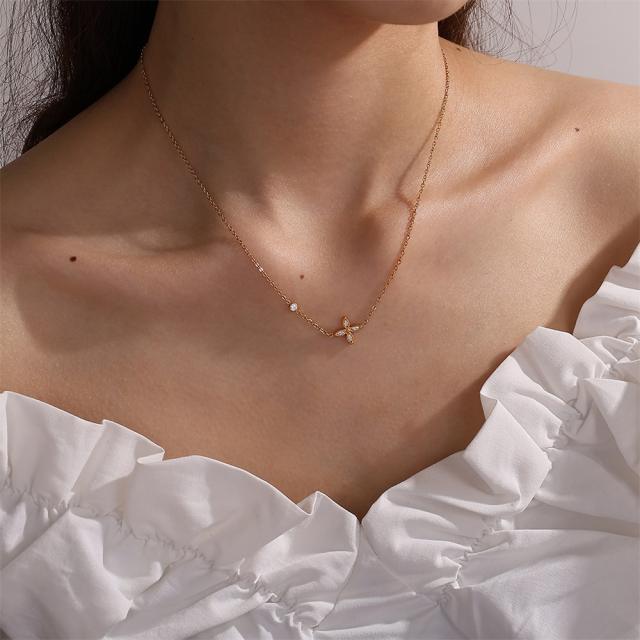 18KG diamond tiny four leaf clover stainless steel necklace dainty necklace