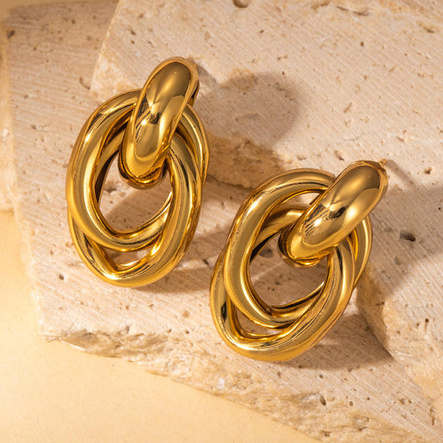 18KG geometric twisted circle stainless steel earrings