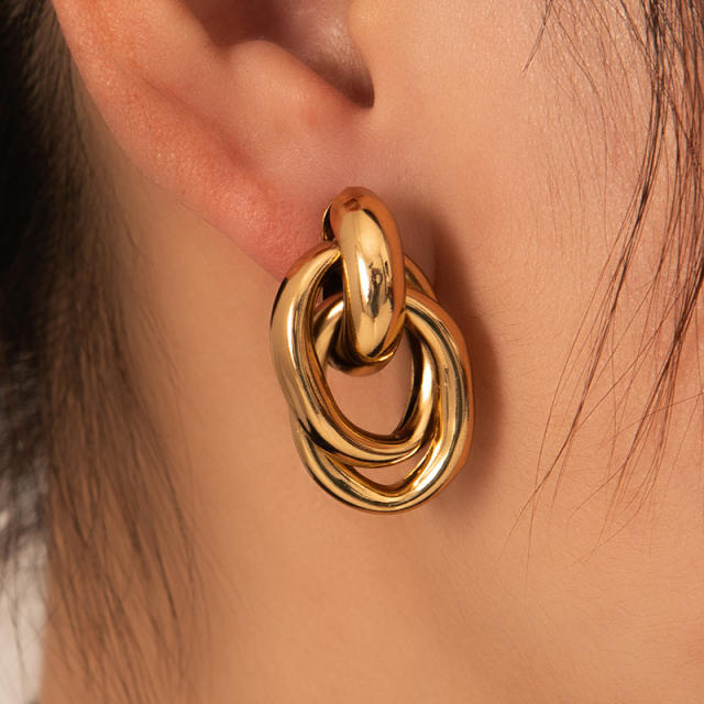 18KG geometric twisted circle stainless steel earrings