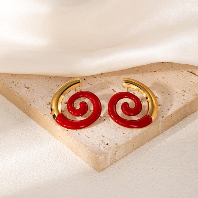 18KG geometric spiral shape enamel stainless steel earrings big earrings