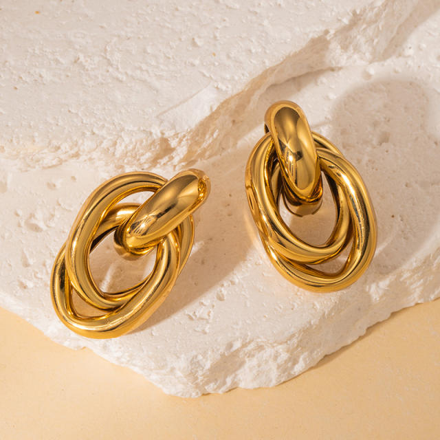 18KG geometric twisted circle stainless steel earrings