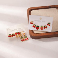 3 pair set enamel strawberry cherry cute huggie earrings set stainless steel earrings
