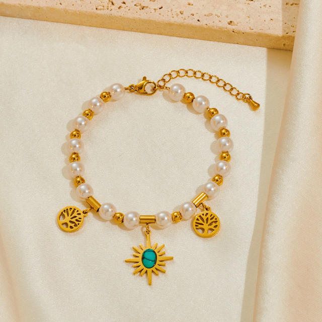 Titanium Steel Bracelet Women's High-end Pearl bead evil eye five petal flower charm bracelet