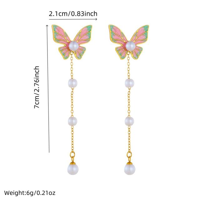 Korean-style Pearl Tassel Long Multi-color enamel butterfly stainless steel earrings