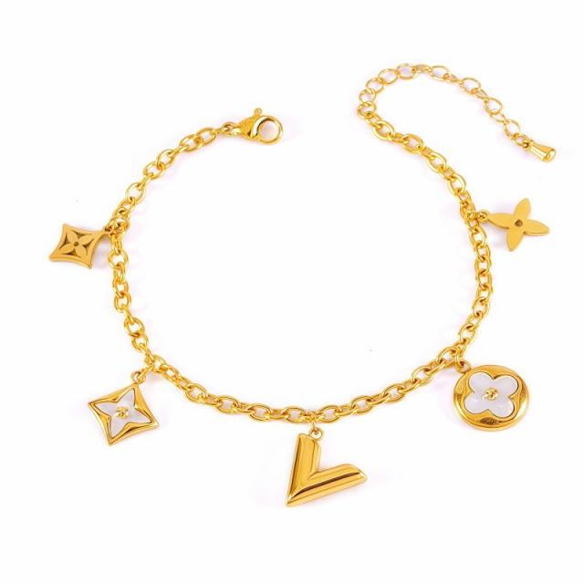 Classic white four leaf clover charm stainless steel bracelet