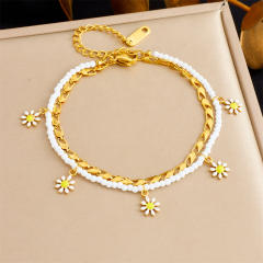 Enamel daisy flower charm two layer bead stainless steel anklet