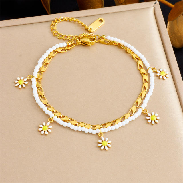 Enamel daisy flower charm two layer bead stainless steel anklet