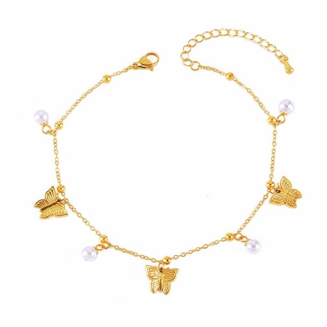 Summer ocean animal series pearl bead charm stainless steel anklet