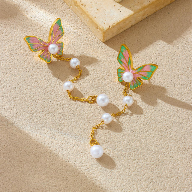 Korean-style Pearl Tassel Long Multi-color enamel butterfly stainless steel earrings