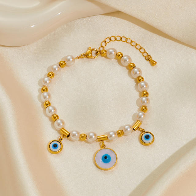 Titanium Steel Bracelet Women's High-end Pearl bead evil eye five petal flower charm bracelet