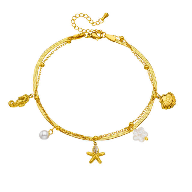 Dimple gold-plated beach style multi-layer stacked marine life pendant shell starfish stainless steel anklet