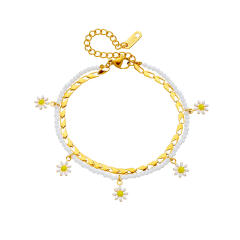 Enamel daisy flower charm two layer bead stainless steel anklet