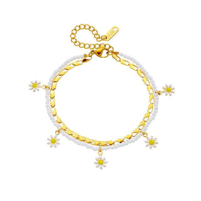 Enamel daisy flower charm two layer bead stainless steel anklet