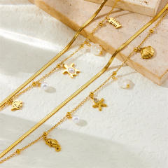 Dimple gold-plated beach style multi-layer stacked marine life pendant shell starfish stainless steel anklet