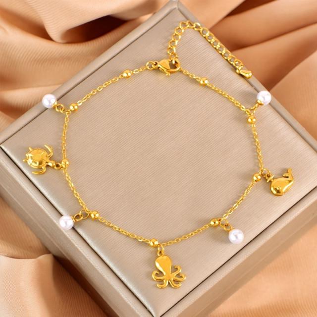Summer ocean animal series pearl bead charm stainless steel anklet