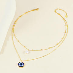 Vintage two layer baroque pearl evil eye pendant stainless steel necklace