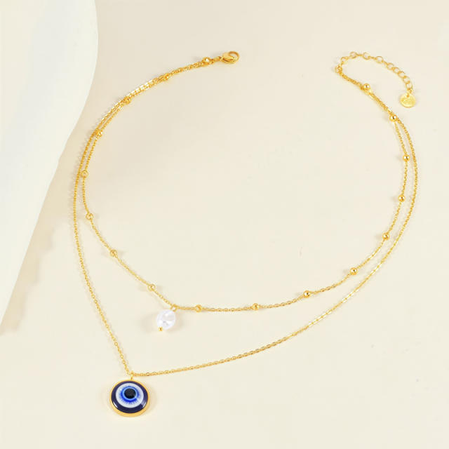 Vintage two layer baroque pearl evil eye pendant stainless steel necklace