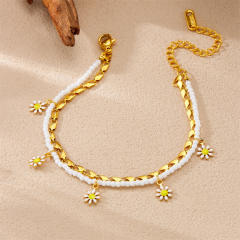 Enamel daisy flower charm two layer bead stainless steel anklet