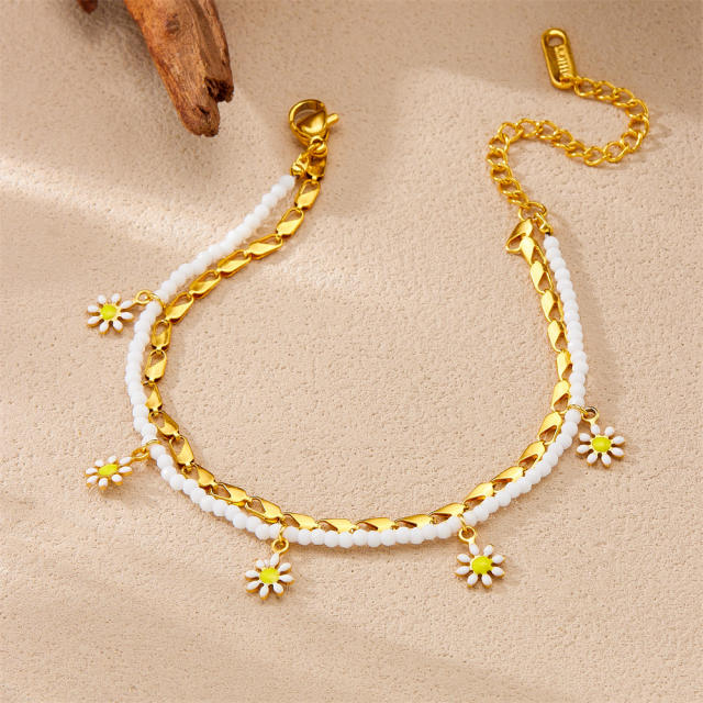 Enamel daisy flower charm two layer bead stainless steel anklet