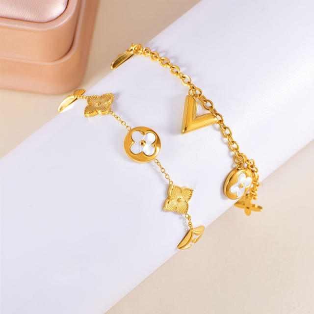 Classic white four leaf clover charm stainless steel bracelet
